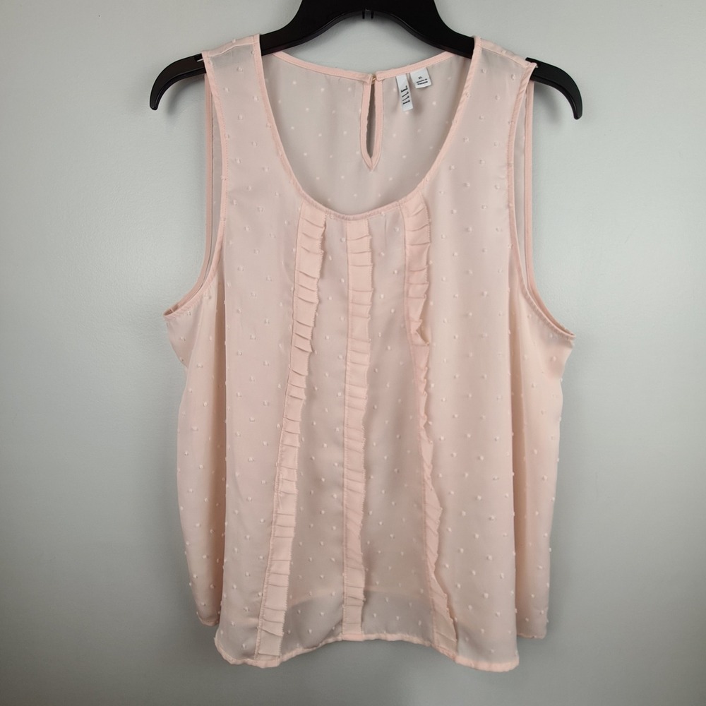 ELLE Womens XL Pastel Pink Swiss Dot Ruffle Sleeveless Chiffon Blouse Top Sheer